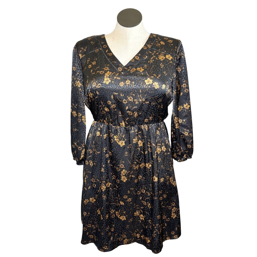 41 Hawthorn Womens Dress Large Black Gold Floral Scalloped Keyhole Back Goth